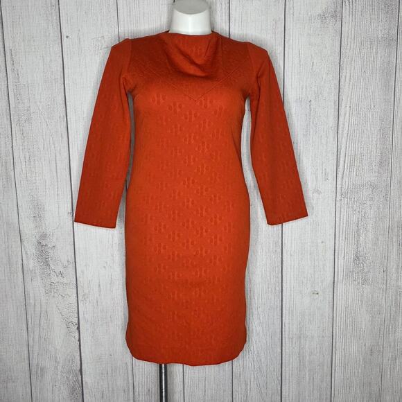 VTG 60s Burnt Orange Wiggle Dress – Textured Knit – Rolled Neck, sz Large - Picture 1 of 7